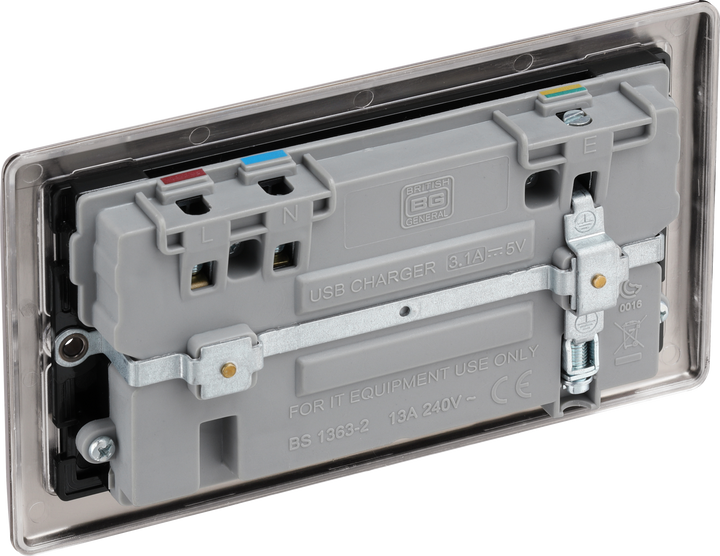 NBN22U3B Back - This 13A double power socket from British General comes with two USB charging ports allowing you to plug in an electrical device and charge mobile devices simultaneously without having to sacrifice a power socket.