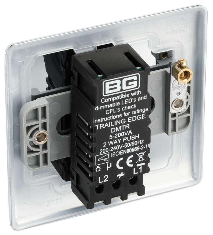 NPC81 Back -This trailing edge single dimmer switch from British General allows you to control your light levels and set the mood. The intelligent electronic circuit monitors the connected load and provides a soft-start with protection against thermal, current and voltage overload.