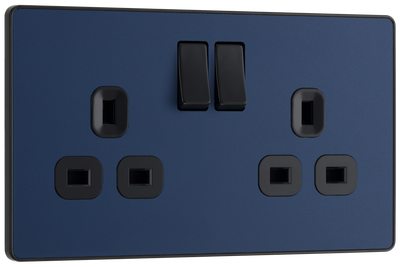 PCDDB22B Front - This Evolve Matt Blue 13A double switched socket from British General has been designed with angled in line colour coded terminals and backed out captive screws for ease of installation, and fits a 25mm back box making it an ideal retro-fit replacement for existing sockets.