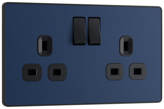 PCDDB22B Front - This Evolve Matt Blue 13A double switched socket from British General has been designed with angled in line colour coded terminals and backed out captive screws for ease of installation, and fits a 25mm back box making it an ideal retro-fit replacement for existing sockets.