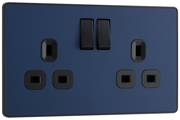 PCDDB22B Front - This Evolve Matt Blue 13A double switched socket from British General has been designed with angled in line colour coded terminals and backed out captive screws for ease of installation, and fits a 25mm back box making it an ideal retro-fit replacement for existing sockets.