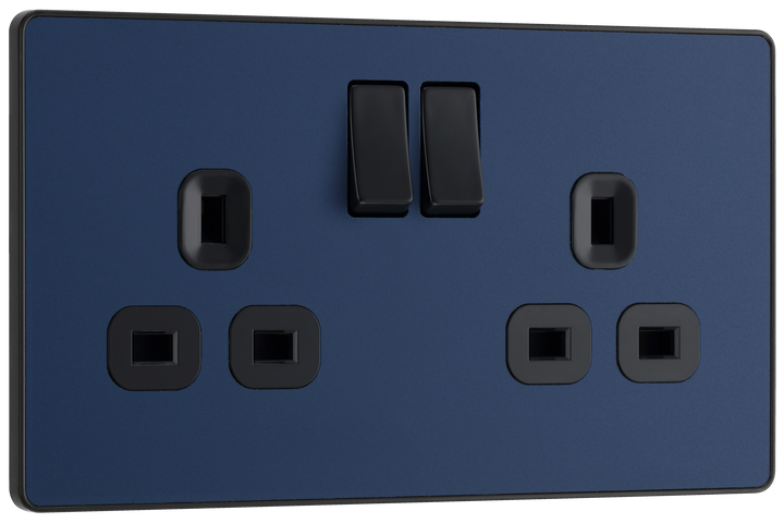 PCDDB22B Front - This Evolve Matt Blue 13A double switched socket from British General has been designed with angled in line colour coded terminals and backed out captive screws for ease of installation, and fits a 25mm back box making it an ideal retro-fit replacement for existing sockets.