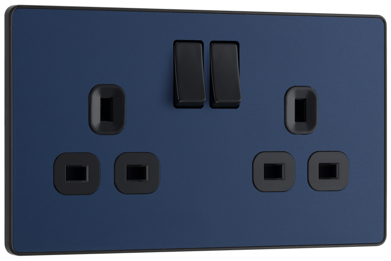 BG PCDDB22B Matt Blue Evolve 2 Gang 13A Switched Socket Outlet - Black Insert