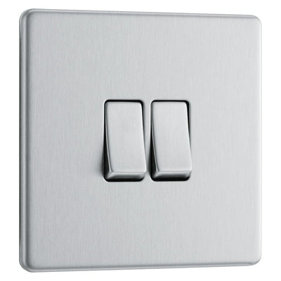 BG Screwless Brushed Steel 20A 16AX 2 Way Double Light Switch FBS42 with 25mm Steel Back Box