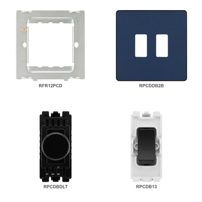 BG Evolve Matt Blue 2 Gang Switch 1x Dual Mode LED Dimmer 1x Intermediate Grid Switch