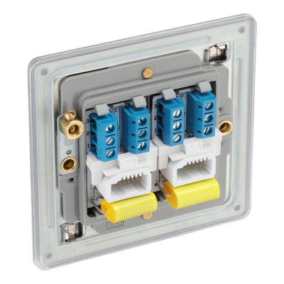 BG Screwless Brushed Steel Double Master Telephone Socket FBSBTM2 with 25mm Steel Back Box