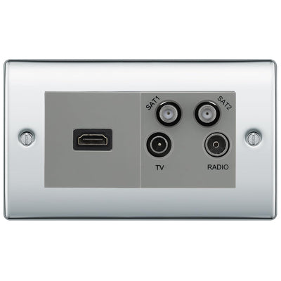 BG Nexus Polished Chrome 4G Faceplate with HDMI + TV/FM/SAT Module - Grey Insert