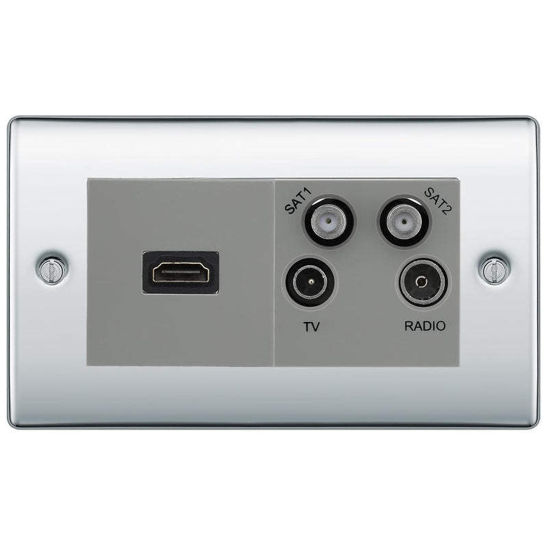 BG Nexus Polished Chrome 4G Faceplate with HDMI + TV/FM/SAT Module - Grey Insert
