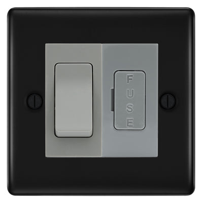 BG Nexus Matt Black 2 Way Light Switch & 13A Fused Spur Plate | Grey Insert