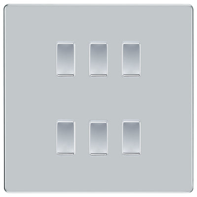 BG Polished Chrome Screwless 6 Gang Intermediate Light Switch Custom Grid Switch with Back Box Included by British General (BG-SCL-PC-6G-CUSTOM-6x INT SWITCH)