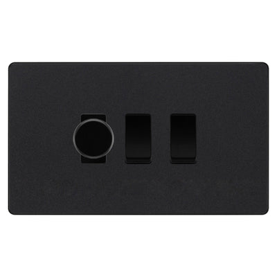 BG Evolve Matt Black 3 Gang Switch 1x Trailing Edge LED Dimmer 2x Intermediate Custom Grid Switch by British General (BG-Evolve-MB-3G-CUSTOM-1x-Dimmer-2x-INT)