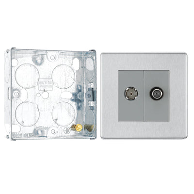 BG Screwless Brushed Steel 2 Gang Satellite & Co-axial Socket FBS65 with 25mm Steel Back Box by British General (BG-FBS65+HGS02)