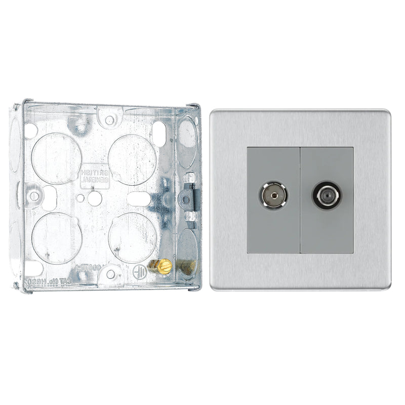 BG Screwless Brushed Steel 2 Gang Satellite & Co-axial Socket FBS65 with 25mm Steel Back Box