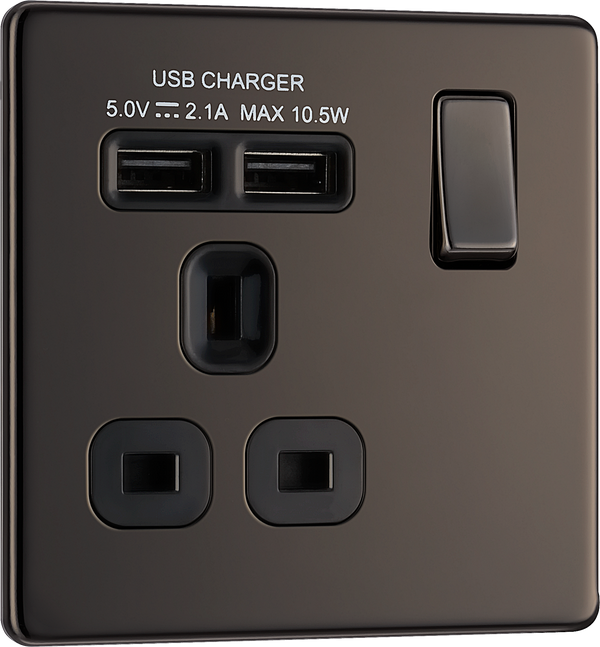  FBN21U2B Front - This completely screwless and slimline flat plate 13A single power socket from British General comes with two USB charging ports allowing you to plug in an electrical device and charge mobile devices simultaneously without having to sacrifice a power socket.