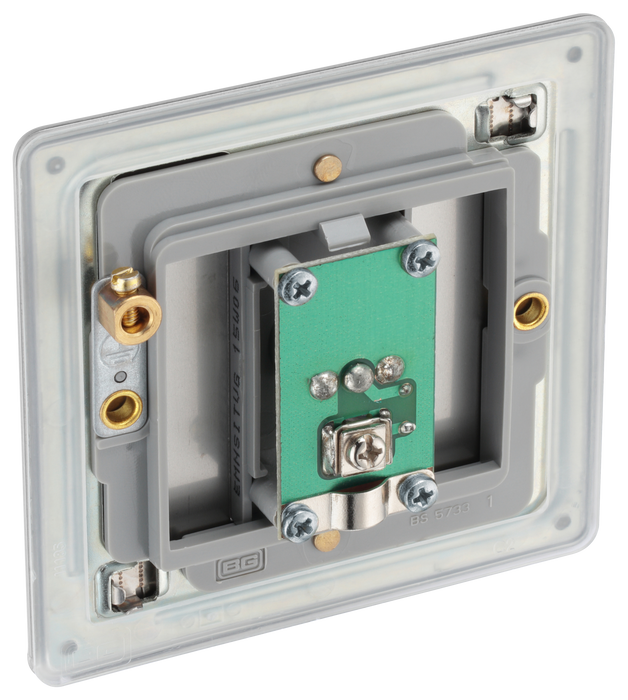 FBS62 Back - This single isolated coaxial socket from British General can be used for TV or FM aerial connections. An isolated aerial connection is ideal for use where a communal dish or aerial is used such as in a block of flats.