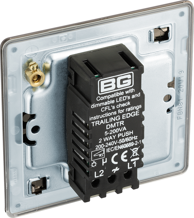 FBN81 Back - This trailing edge single dimmer switch from British General allows you to control your light levels and set the mood. The intelligent electronic circuit monitors the connected load and provides a soft-start with protection against thermal, current and voltage overload.