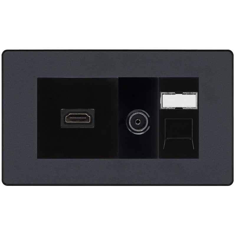 BG Evolve Media Wall Plate — TV Aerial, HDMI & CAT6 | Matt Grey Screwless