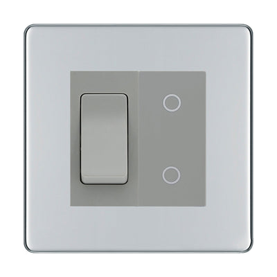 BG Polished Chrome Screwless 2 Gang Custom Switch 1x 2 Way Switch 1x Master Touch Dimmer Grey Inserts by British General (BG-SL-PC-2G-1x-2WAY-SWITCH-1x-MTD-GI)