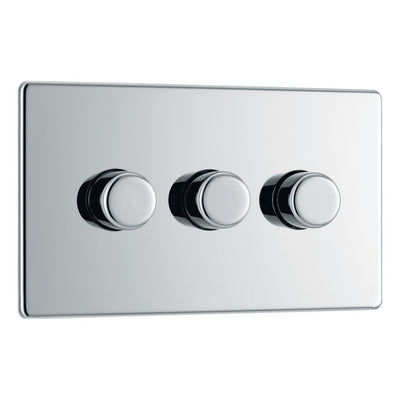 BG Screwless Polished Chrome 200W 2 Way Triple Trailing Edge Dimmer Switch FPC83 with 25mm Steel Back Box