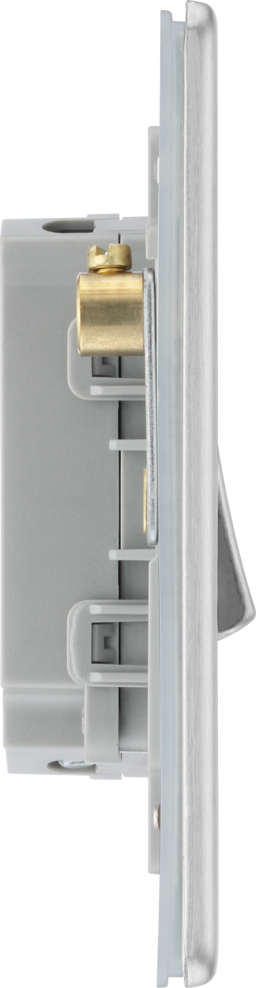 FBS44 Side - This Screwless Flat plate brushed steel finish 20A 16AX quadruple light switch from British General can operate 4 different lights whilst the 2 way switching allows a second switch to be added to the circuit to operate the same light from another location (e.g. at the top and bottom of the stairs).