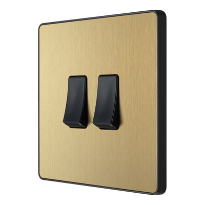 BG Evolve Satin Brass 2 Gang 20A 16AX 2 Way Light Switch PCDSB42B with 35mm Steel Back Box