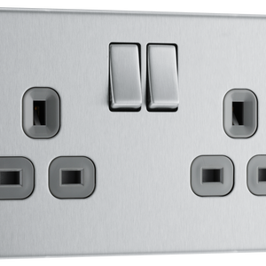 BG Electrical FBS22G Nexus Screwless Flat-Plate Double Switched Plug Socket Brushed Steel Grey Inserts 13A by British General (BG-FBS22G-Shopify-SA_1)