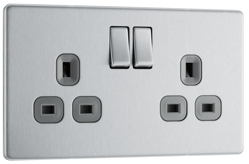 BG Electrical FBS22G Nexus Screwless Flat-Plate Double Switched Plug Socket Brushed Steel Grey Inserts 13A