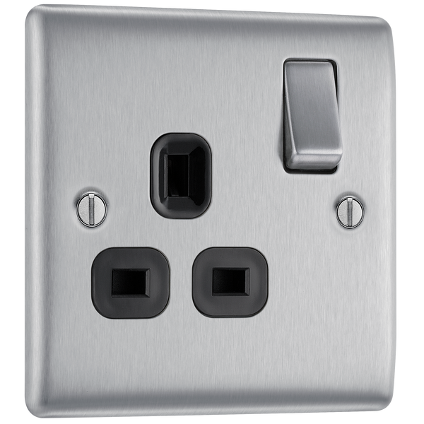 NBS21B Front - This brushed steel finish 13A single switched socket from British General has a sleek and slim profile with softly rounded edges, anti-fingerprint lacquer and no visible plastic around the switch for a luxurious finish.