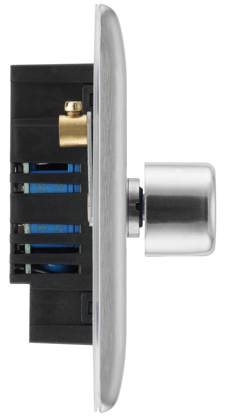 NBS83 Side -This trailing edge triple dimmer switch from British General allows you to control your light levels and set the mood.