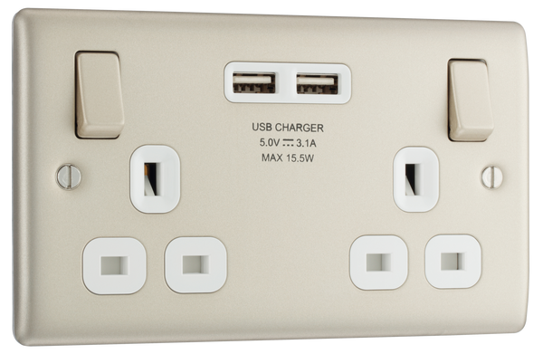 NPR22U3W Front - This 13A double power socket from British General comes with two USB charging ports allowing you to plug in an electrical device and charge mobile devices simultaneously without having to sacrifice a power socket.