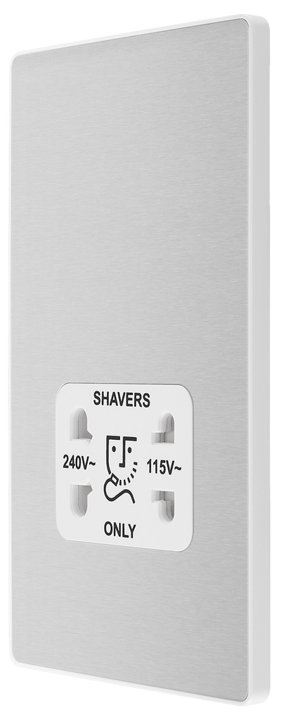PCDBS20W Side - This Evolve Brushed Steel dual voltage shaver socket from British General is suitable for use with 240V and 115V shavers and electric toothbrushes.