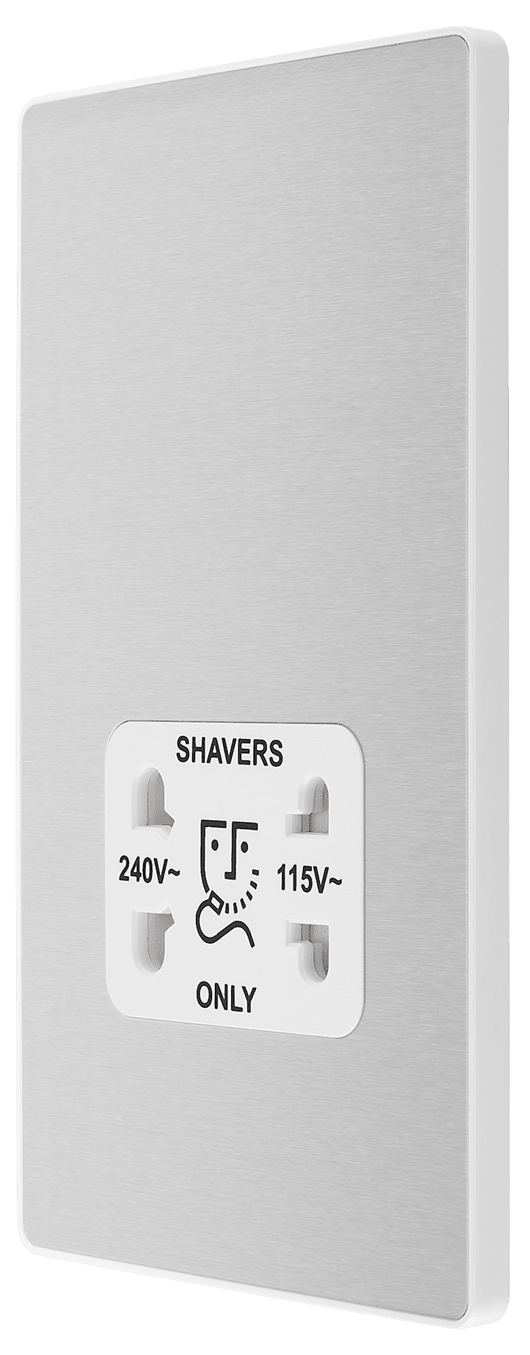 PCDBS20W Side - This Evolve Brushed Steel dual voltage shaver socket from British General is suitable for use with 240V and 115V shavers and electric toothbrushes.