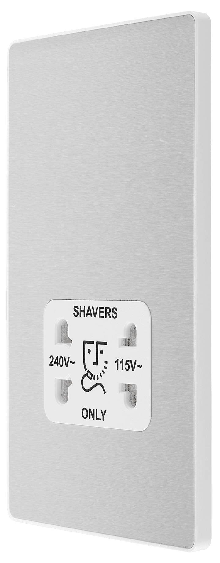 PCDBS20W Side - This Evolve Brushed Steel dual voltage shaver socket from British General is suitable for use with 240V and 115V shavers and electric toothbrushes.