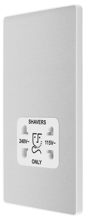PCDBS20W Side - This Evolve Brushed Steel dual voltage shaver socket from British General is suitable for use with 240V and 115V shavers and electric toothbrushes.