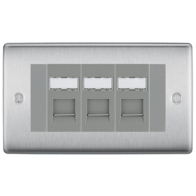 BG Nexus Brushed Steel 3 Gang RJ45 Cat6 Data Socket Outlet Grey Inserts by British General (BG-NBSRJ453G)