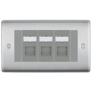 BG Nexus Brushed Steel 3 Gang RJ45 Cat6 Data Socket Outlet Grey Inserts by British General (BG-NBSRJ453G)