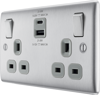BG NBS22UAC22G Brushed Steel Double Socket with USB 22W Type A & Type C USB by British General (BG-NBS22UAC22G-1)