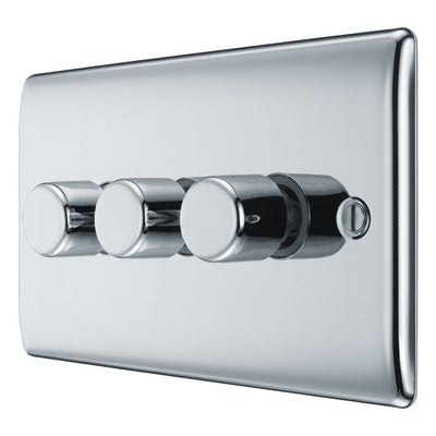 BG Nexus Polished Chrome 3 Gang 200W 2 Way Trailing Edge Push Type Dimmer Switch NPC83 with 35mm Steel Back Box