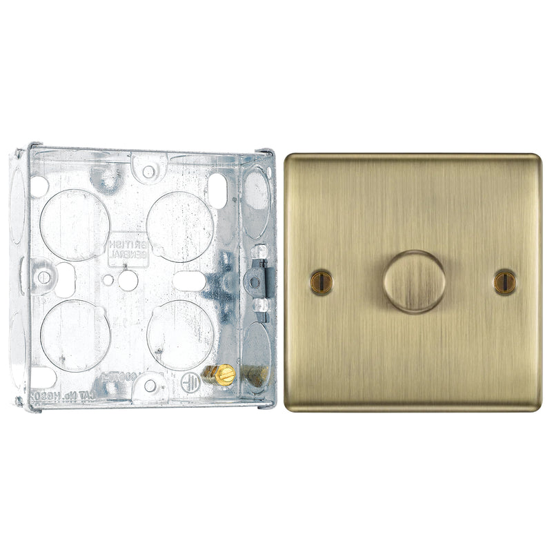 BG Nexus Antique Brass 200W 2 Way Single Trailing Edge Dimmer Switch NAB81 with 25mm Steel Back Box