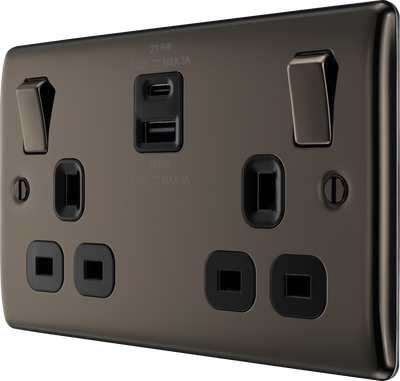 BG NBN22UAC22B Black Nickel Double Socket with USB 22W Type A & Type C USB by British General (BG-NBN22UAC22B)