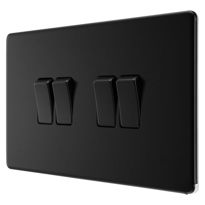 BG Screwless Matt Black 20A 16AX 2 Way Quadruple Light Switch FFB44 with 25mm Steel Back Box