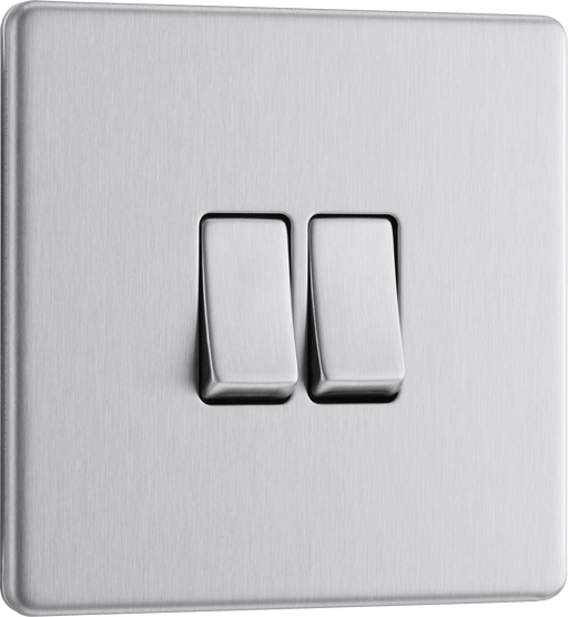 FBS42 Front - This Screwless Flat plate brushed steel finish 20A 16AX double light switch from British General can operate 2 different lights whilst the 2 way switching allows a second switch to be added to the circuit to operate the same light from another location (e.g. at the top and bottom of the stairs).