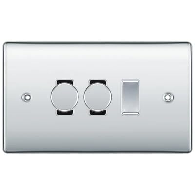 BG Nexus Polished Chrome 3 Gang Switch 2x Trailing Edge LED Dimmer 1x Intermediate Custom Grid Switch by British General (BG-Nexus-PC-3G-CUSTOM-2x-Dimmer-1x-INT)