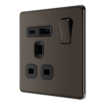 BG FBN21UAC18B Nexus Screwless Flatplate | Black Nickel | 1 Gang 13A 1 Pole 1x USB-A 1x USB-C | Switched Single Socket