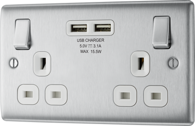 BG NBS22U3W Nexus Metal Brushed Steel 2 Gang 13A 2x USB-A 3.1A Switched Socket - White Insert