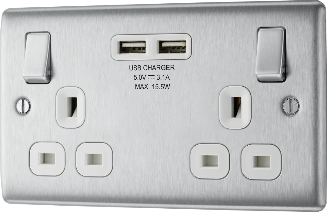 NBS22U3W Front - This 13A double power socket from British General comes with two USB charging ports allowing you to plug in an electrical device and charge mobile devices simultaneously without having to sacrifice a power socket.
