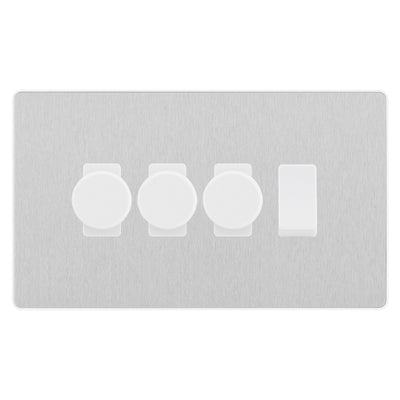BG Evolve Brushed Steel 4 Gang Light Switch 3x Trailing Edge LED Dimmer 1x 2 Way Custom Switch by British General (Evolve-BS-CUSTOM-4GANG-3xDIMMER-1x2WAY)