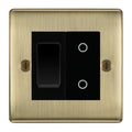 BG Antique Brass 2 Gang Custom Switch 1x 2 Way Switch 1x Master Touch Dimmer Black Inserts