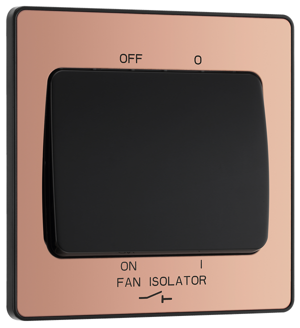 PCDCP15B Front - This Evolve Polished Copper 10A triple pole fan isolator switch from British General provides a safe and simple method of isolating mechanical fan units.