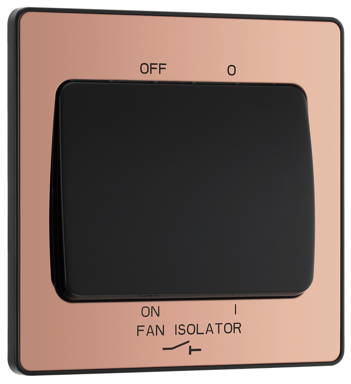 PCDCP15B Front - This Evolve Polished Copper 10A triple pole fan isolator switch from British General provides a safe and simple method of isolating mechanical fan units.